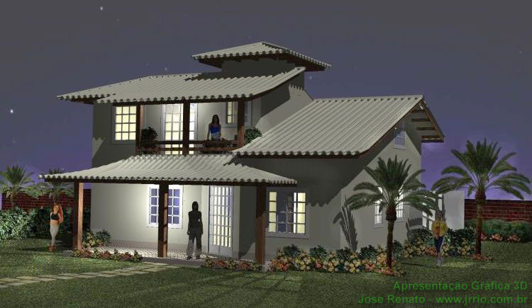 Digital House Rendering - Beach house lit up at night and in the moon light